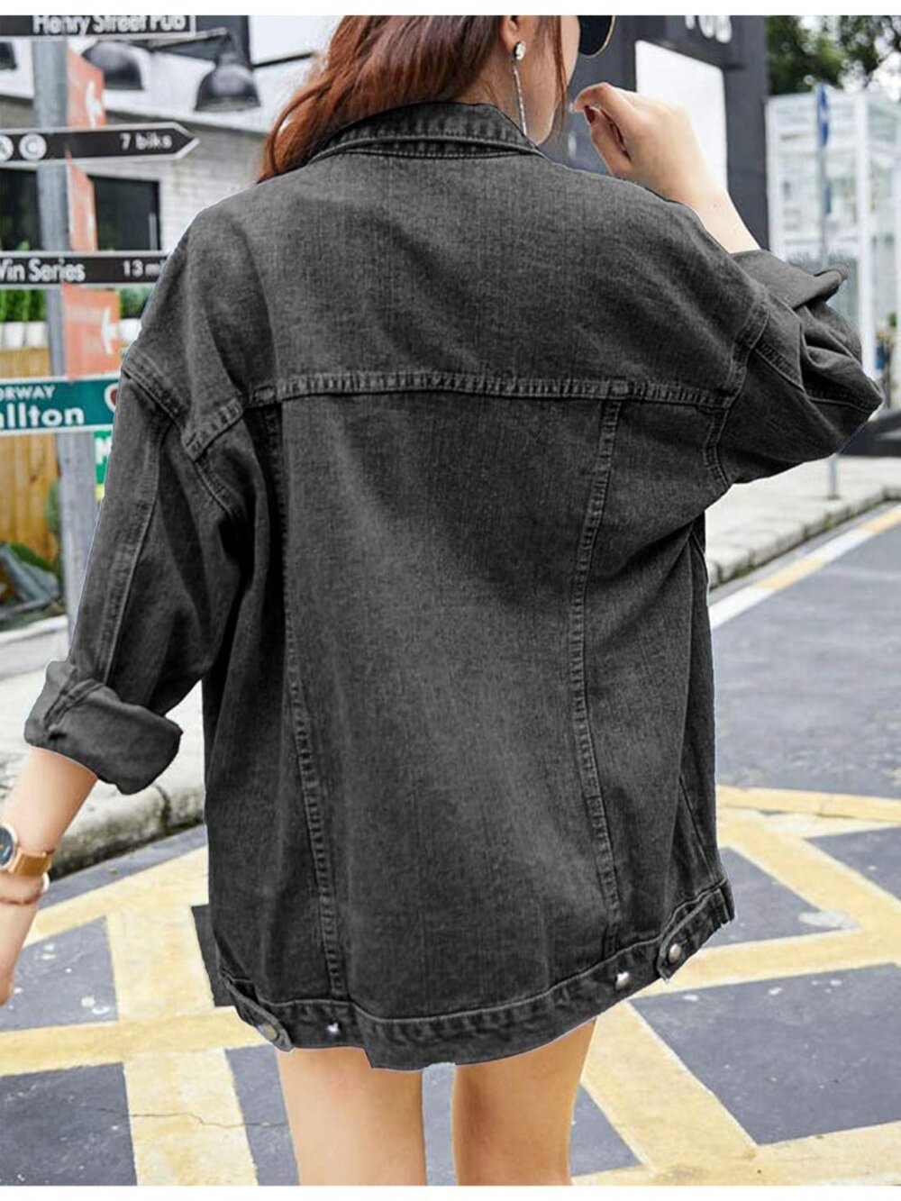 Women's Grey Oversized Denim Mid Long Casual Jacket Fall Trendy with Pockets - Picture 6 of 6